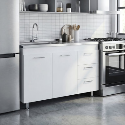 Ferretti Utility Sink Base Cabinet with Stainless Steel Top Sink, Three Drawers and Two Doors for Interior Storage