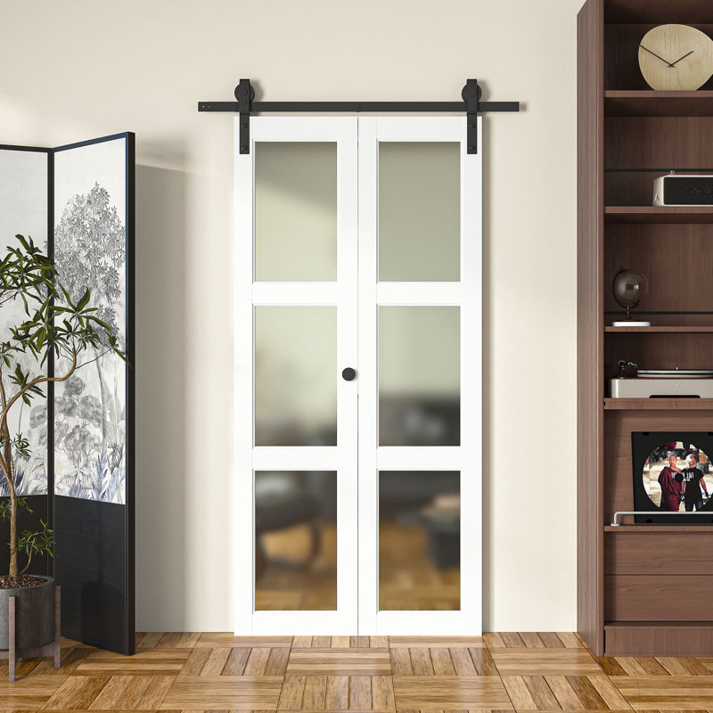 Double 84''H 3 Lite White Frosted Glass Paneled Bifold Barn Door Solid Manufactured Wood French Pantry Closet Door With Hardware Kit 40'' x 84''