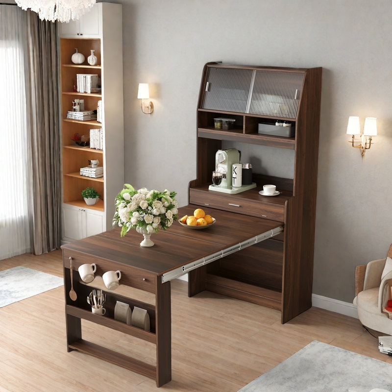 Buffet avec huche et table de salle à manger pliable, tablettes de rangement, crochets latéraux et armoire avec portes coulissantes