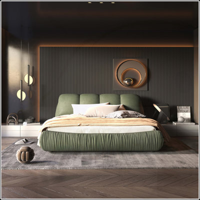 Queen Size Luxury Upholstered Platform Bed with Oversized Padded Backrest and Solid Wood Frame, Suitable for Multiple Mattress Heights, Green