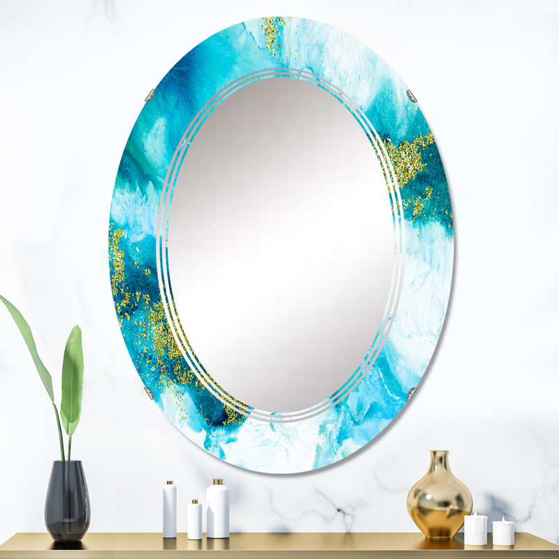 Bleu avec paillettes dorées, abstrait créatif - miroir mural moderne ovale, 36 po x 24 po