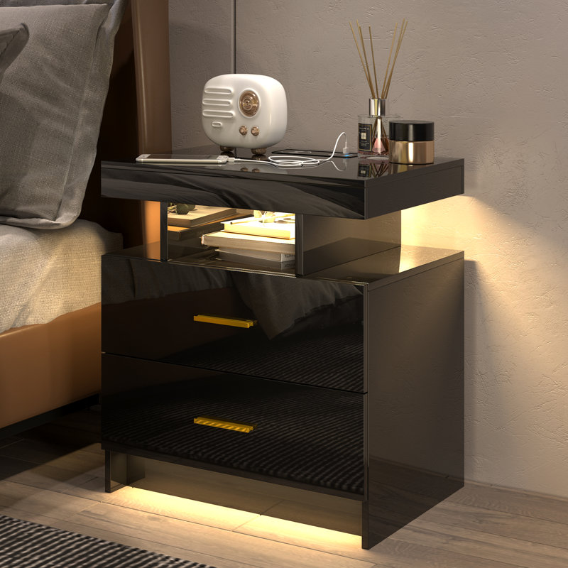 Bookhart Manufactured Wood Bedside Table, Black/Gold