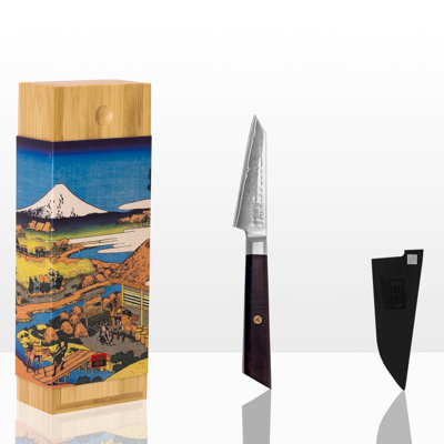 Couteau d'office en acier Damas Bunka avec bambou Saya et boîte en bambou - lame de 90 mm