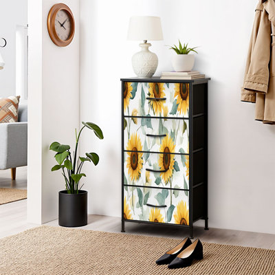 Commode pour commode de chambre à coucher Aquarelle tournesol floral verdure Teintes douces Commodes et commodes de rangement en tissu avec bacs de rangement à 4 tiroirs