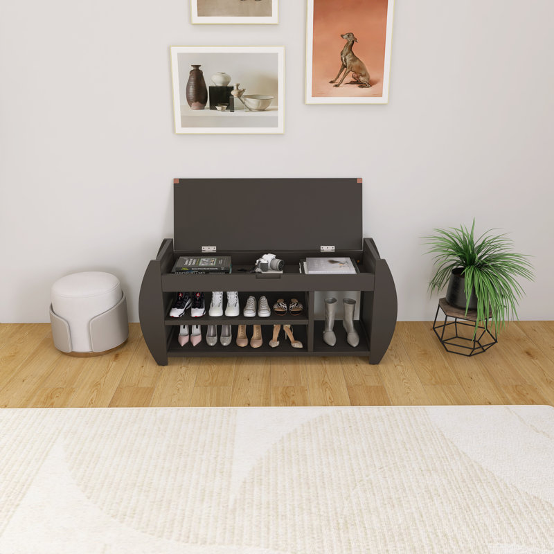 Retro Multifunctional Storage Bench With Cushion And Curved Side Panel, Black