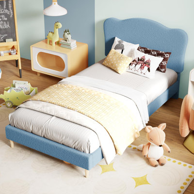 Twin-XL Size Bed Frame Soft Low Profile Sturdy Platform with Upholstered Headboard,  Wooden Slats, Noise Free, No Box Spring Needed, Blue