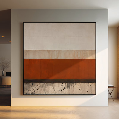 Très grand art mural imprimé sur tissu - Composition de blocs abstraits horizontaux d'inspiration industrielle avec crème rouille chaude et couches bleu marine foncé Design minimaliste moderne vieilli pour le salon ou la chambre à coucher - «Assemblage requis du cadre (cadre non fini)»