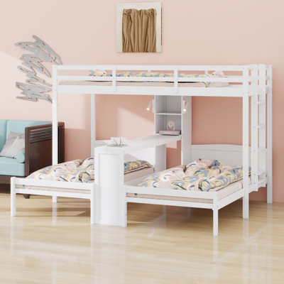 Multi-Functional Bunk Bed with Desk, Shelves and Reading Lamp, 3 Separate Beds in One Unit