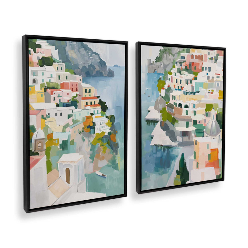 Ensemble de 2 impressions Costal Village Glow v2, Cadre flottant noir satiné, 30 po x 20 po