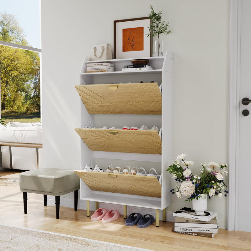 Slim Shoe Cabinet with 3 Flip Drawers, Hidden Entryway Shoe Storage Organizer with Adjustable Shelves
