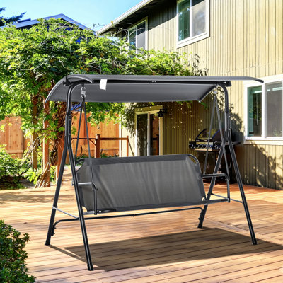 Balancelle avec support, capacité pour 3 adultes, gris, construction en acier, auvent réglable pour l'extérieur, balançoire de patio 3, cadre, pour bloquer le soleil, siège confortable, utilisation
