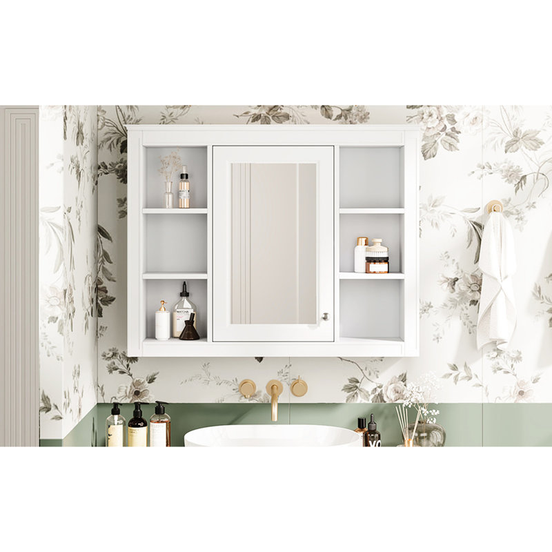 Armoire de rangement de salle de bain avec miroir, 35 po x 27,5 po, polyvalente, charnières réglables à fermeture en douceur