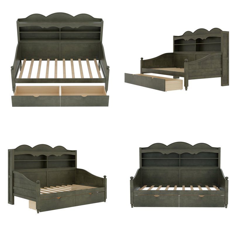 Lit de jour simple 79,3 "avec tête de lit et 2 tiroirs - Structure de lit en bois massif - Gris antique, Vert