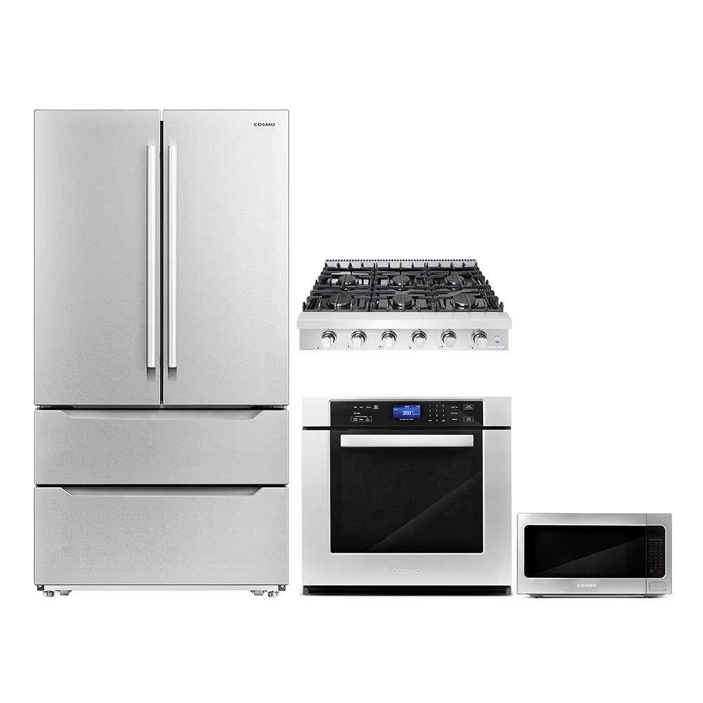 Cosmo 4 Piece Kitchen Appliance Package with French Door Refrigerator , 35.88'' Gas Cooktop , Wall Oven , and Built-In Microwave Cosmo