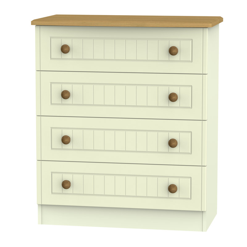 Fully Assembled Saxena 4 Drawer Chest, Cream with Oak Finishing