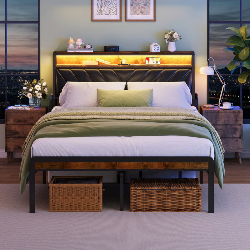 Metal Platform Bed Frame With Adjustable Upholstered Headboard And Charging Station, Brown, Full / Double