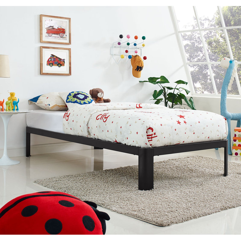 Gray Twin Metal Bed Frame with Slats and Drawer