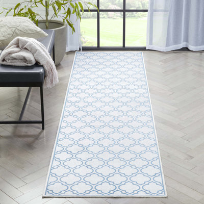 Kehr Lattice Moroccan Ivory Light Blue Machine Washable Area Rug