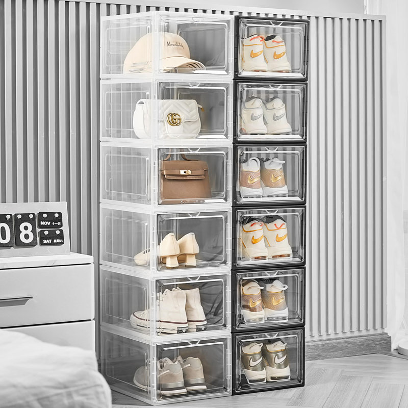 Upgrade Shoe Box Storage Containers,Thicken Sturdy Clear Stackable Plastic Shoe Organizer Box With Magnetic Door, Drop Front Shoe Box Sneakers X-Large,(Clear Black/12 Pack)