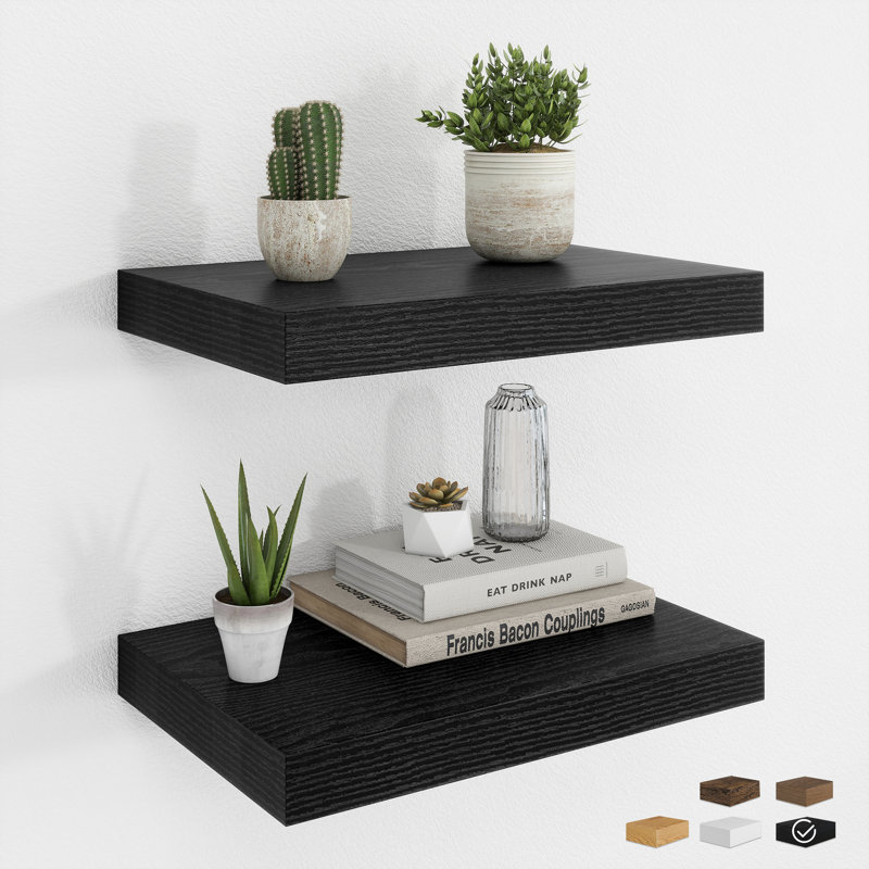 2-Piece Floating Wall Shelves, 9.3" Deep, Wall-Mounted Design, Black, 1.5" H x 16" W x 9.3" D