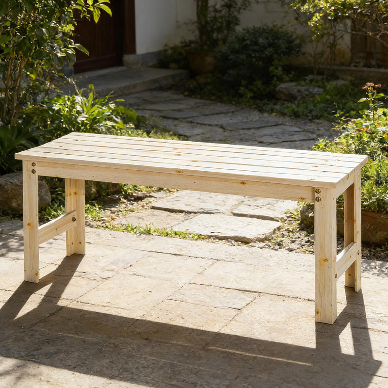 Banc à lattes sans dossier, banc d'extérieur en bois
