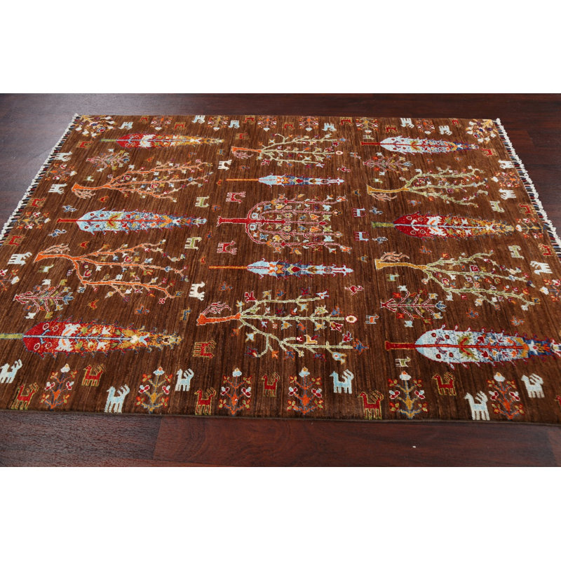 Tapis brun en laine noué à la main de conception unique 4 pi 9 po x 6 pi 6 po New Age