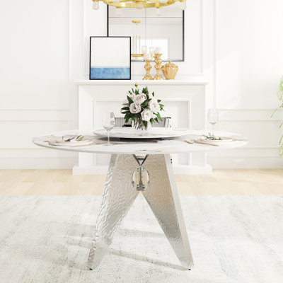 Table de salle à manger ronde de 53 po, plateau en pierre frittée et base en acier inoxydable, pouvant accueillir 6 personnes, disque rotatif blanc de 23,62 po, table d'appoint pour personnes avec plateau tournant à base argentée