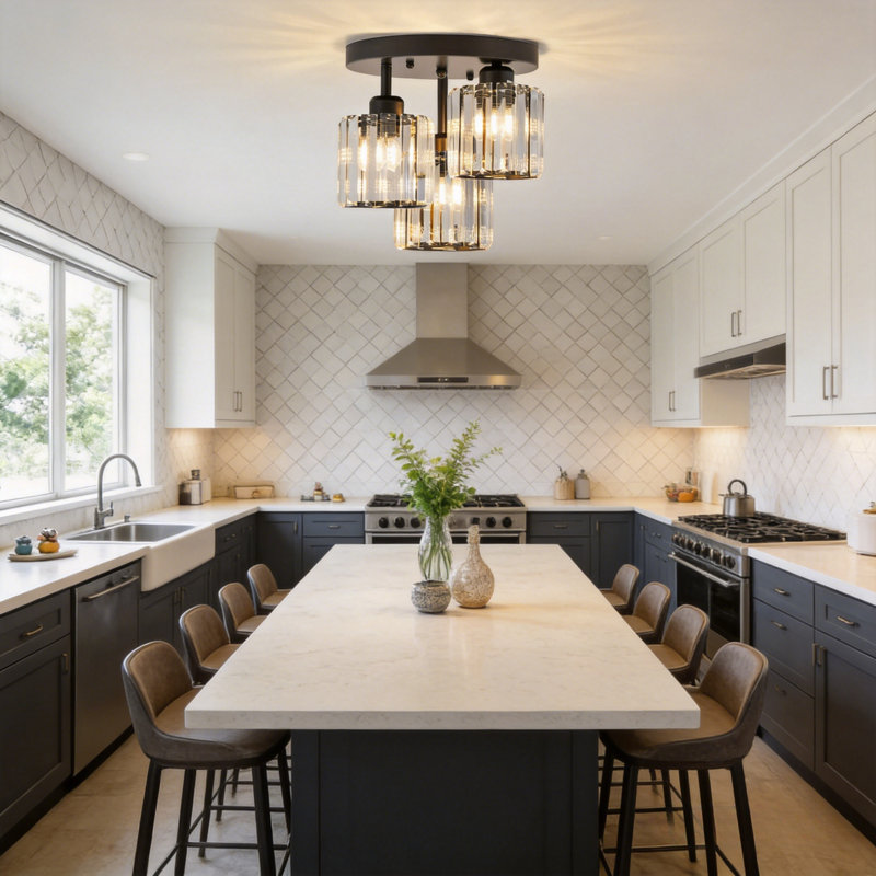 3-Light Semi Flush Mount Ceiling Light, Modern Matte Black Crystal Fixture For Kitchen, Entryway & Bedroom, Matte Black