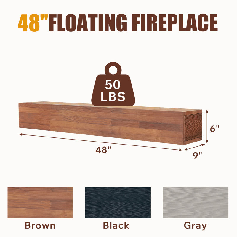 48" Solid Wood Fireplace Mantel, Floating Shelves, 48", Brown