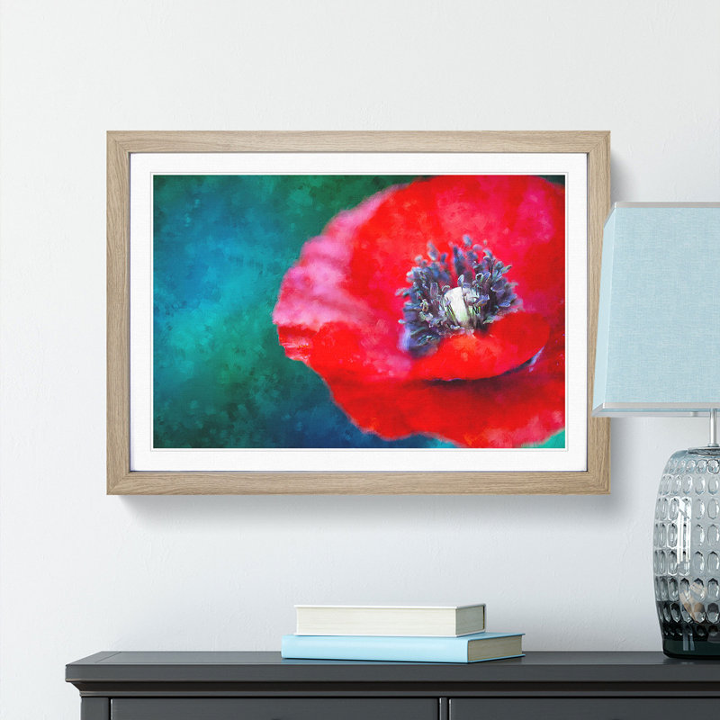 Eye of a Red Poppy Flower - Picture Frame Graphic Art Print, 33cm H x 45cm W x 2cm D, Oak Framed
