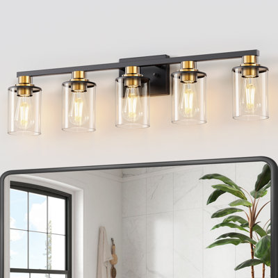 Meuble-lavabo moderne à 5 lumières noir et or avec abat-jour en verre transparent