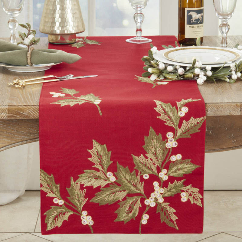 Evergreen Holly Leaves Table Runner, Red