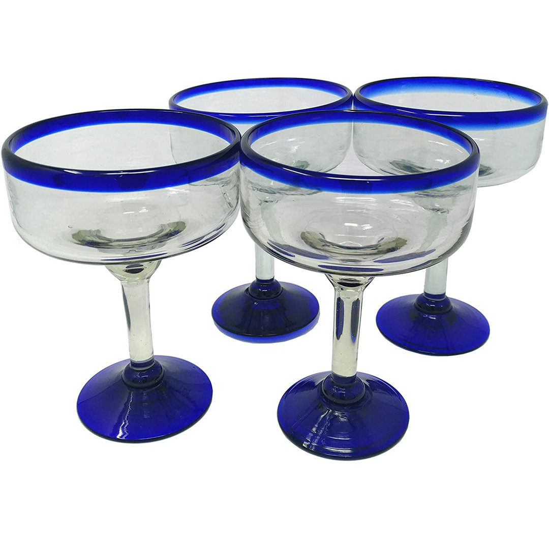 Thadine Mexican Hand Blown 16 oz. Blue Rim Margarita Glasses (Set of 4) Rosecliff Heights