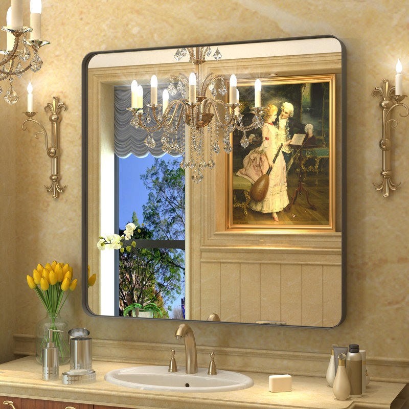 Miroir de salle de bain mural Premium Premium, Noir mat, Carrée, 36 po x 36 po