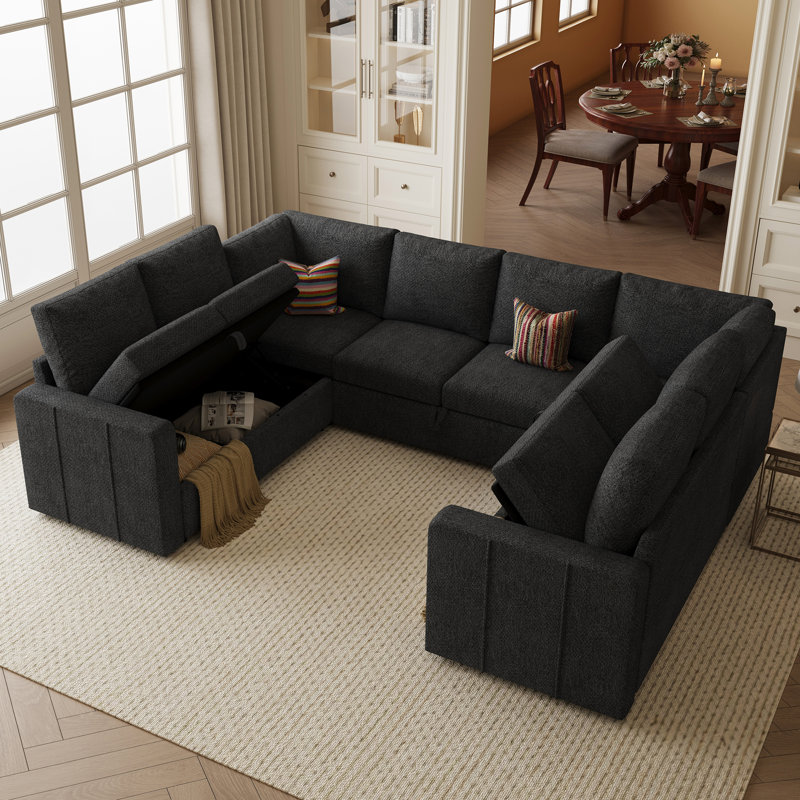 Seybert Modern U-Shaped Velvet Chenille Sectional Sofa For Living Room, Dark Gray Chenille 