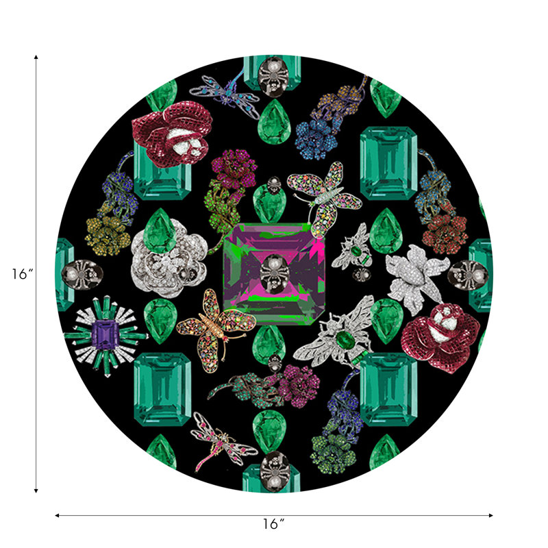 Jewel Box Emeralds Vegan Leather Round Pebble Placemat, Black