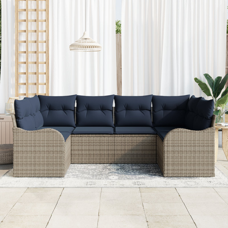 Ensemble de canapé vidaXL avec coussin 6 pièces synthétique gris: rotin de polyester, Structure grise / coussin bleu marine
