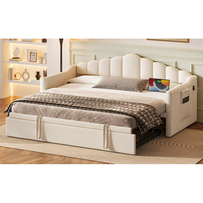 Twin Size Daybed with Adjustable Height Pop Up Trundle, USB & Type-C Charging Port and 2 Side Pockets, Beige