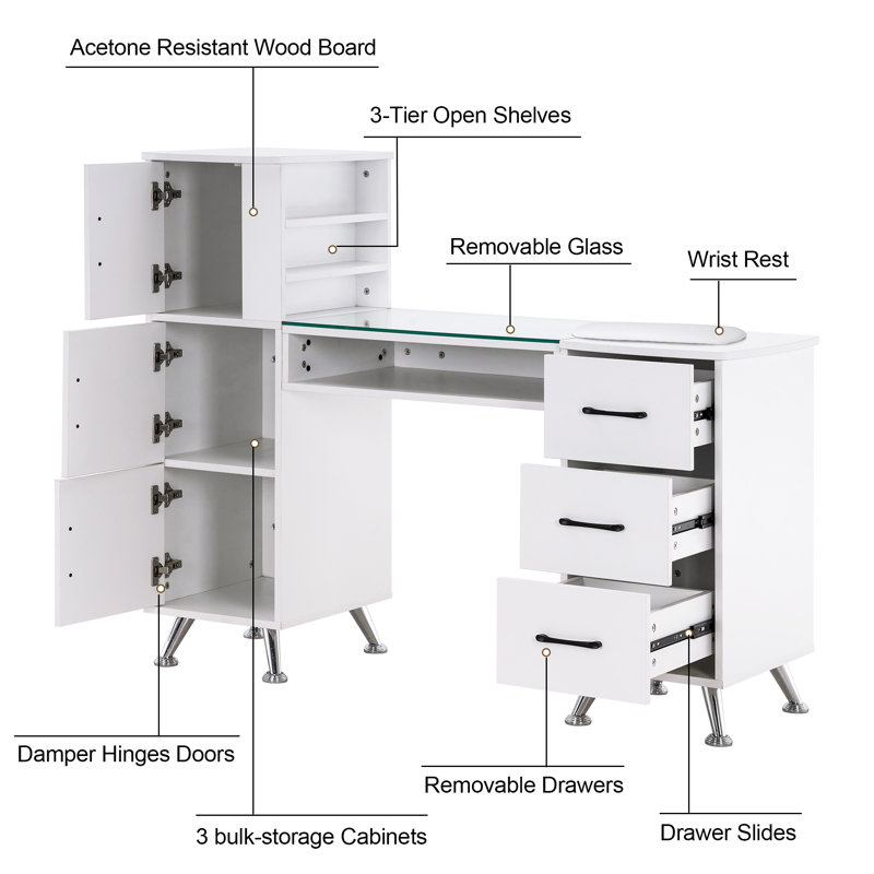 Classic Manicure Table with Glass Top, Nail Desk with Drawers, Vanity Makeup Desk, White