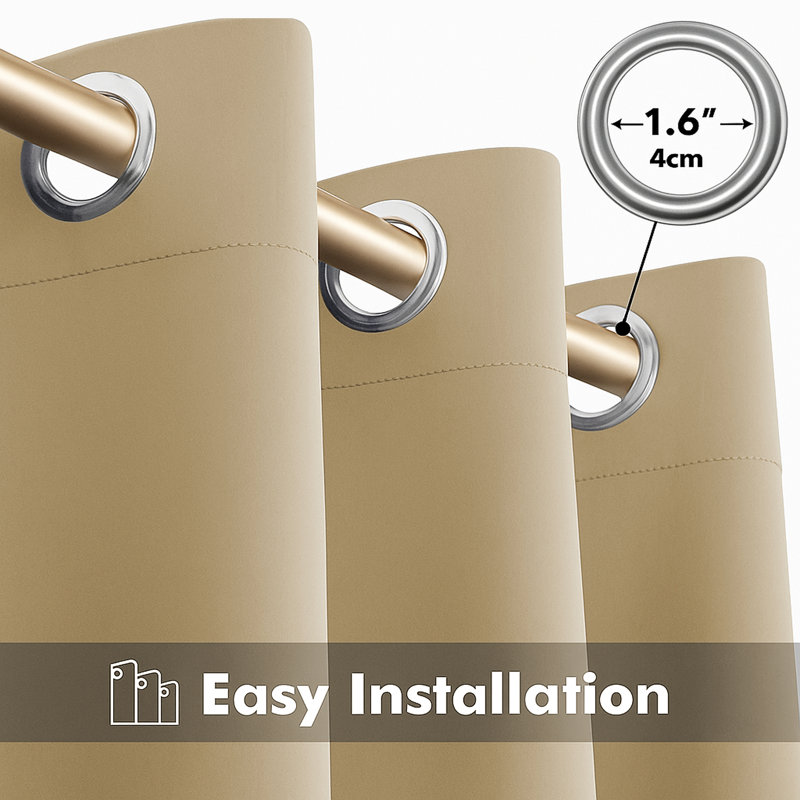 Plain 100% Blackout Curtains 2 Panel Eyelet Room Darking Curtain, 228cm W x 228cm L, Cream