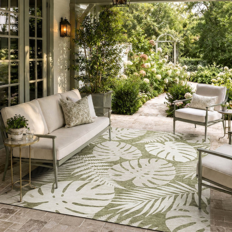 Tapis tropical Chantille ACN3009 lavable à la machine pour intérieur/extérieur, Sauge, 9 pi x 12 pi