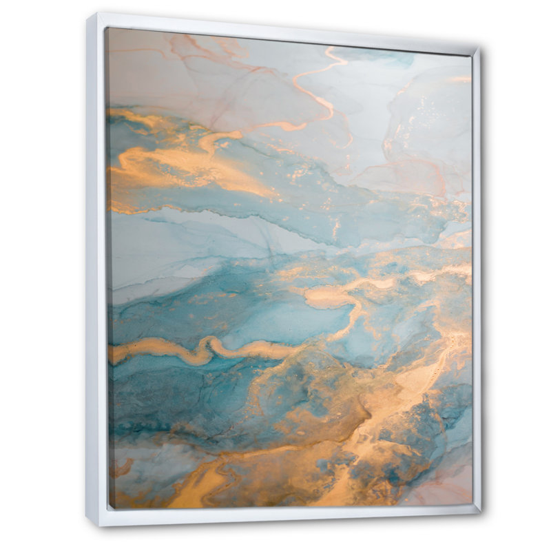 Luxe luxueux or marbré turquoise - peinture, H 36 po x l 24 po, Cadre flottant blanc