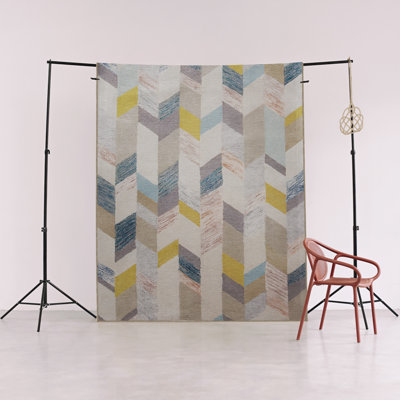 Beige Themed Multi-Colored Stripe Section Geometric Shape Patterned Modern Decorative Rug