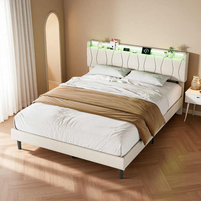 Upholstered Bed Frame, European Double (140 x 200 cm), Beige