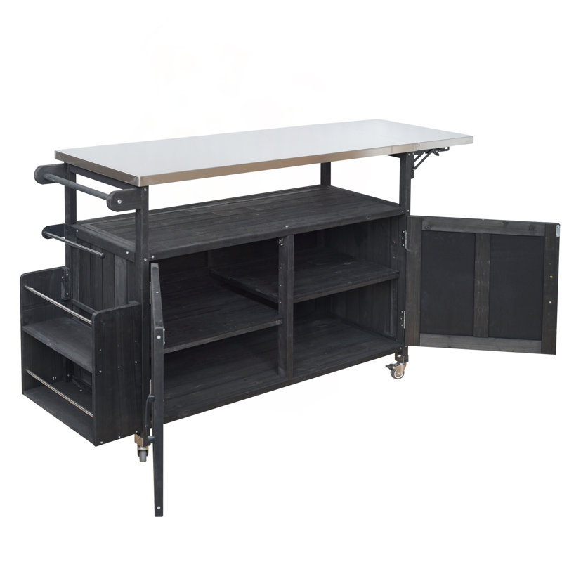 Foldable Outdoor Kitchen Island with Lockable Wheels, Storage Cabinet & Towel Rack (Black), Black
