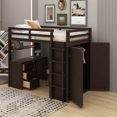 Twin Loft Bed With Drawers,Desk And Wardrobe