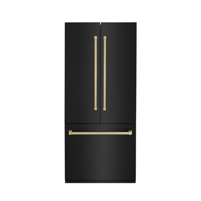 ZLINE Autograph Edition 36 in. 19.6 cu. ft. French Door Built-In Bottom Freezer Refrigerator with Water Dispenser and Ice Maker in Black Stainless Steel with Handle Accents
