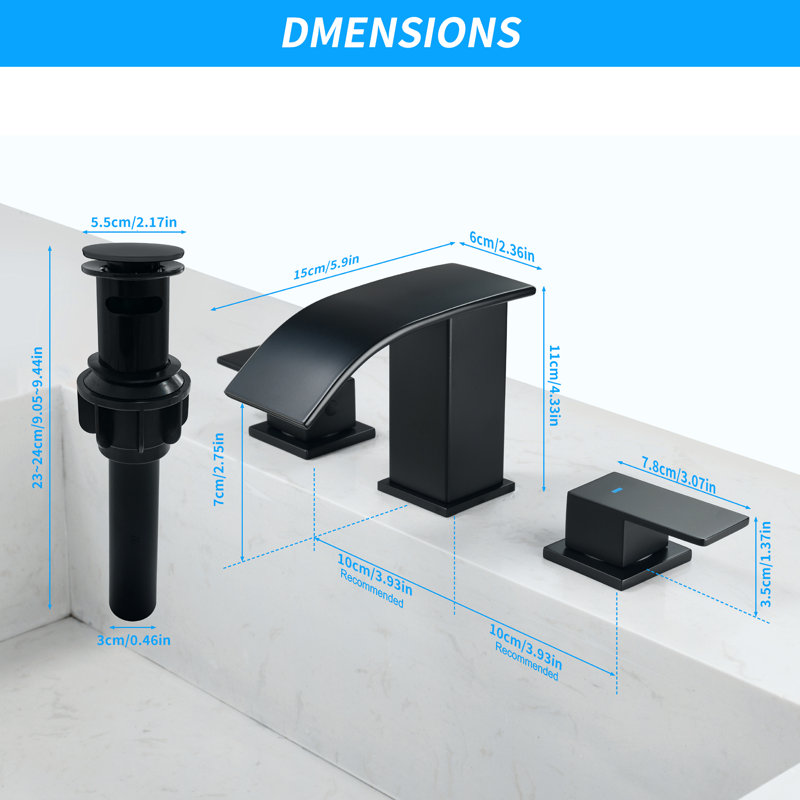 Waterfall 8 In. Widespread Double-Handle Bathroom Faucet Set 3-Holes Vanity Sink With Metal Drain, Matte Black