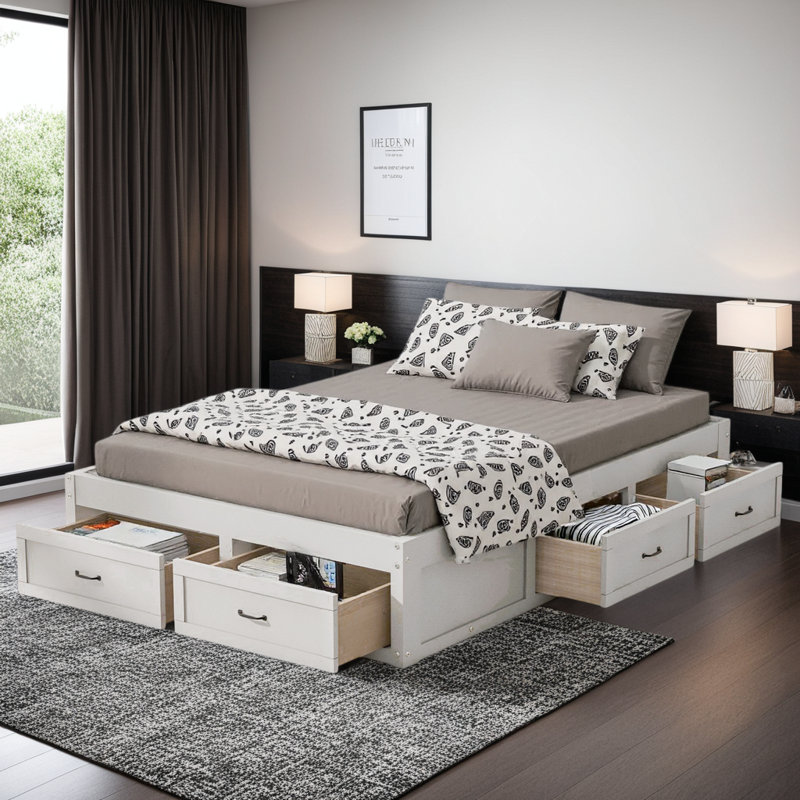  Platform Bed with 6 Storage Drawers - Modern Low-Profile Design & 350 lbs Capacity, White, Full