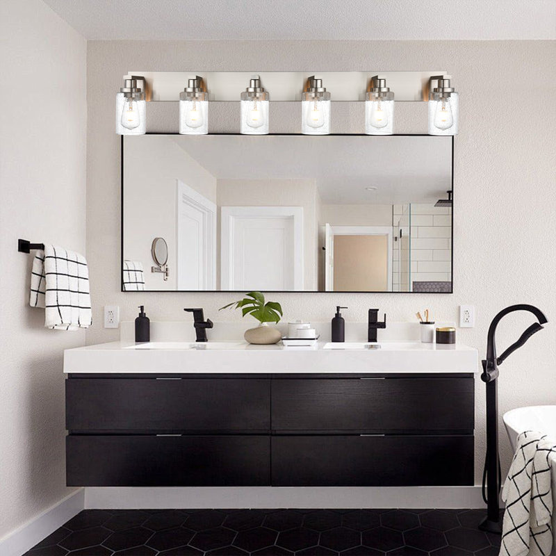 Luminaire de meuble-lavabo de salle de bain 6 lumières en nickel brossé, applique murale en verre bullé ensemencé, éclairage de façade de miroir de salle de bain Modern Farmhouse